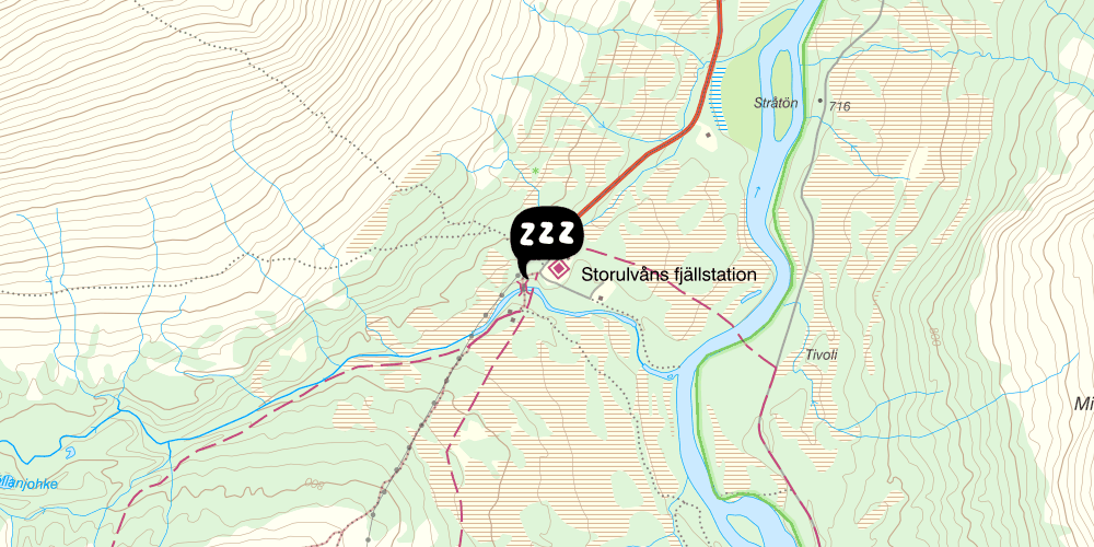 Map showing the location of STF Storulvåns Fjällstation