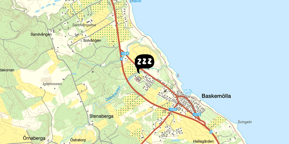 Map showing the location of STF Baskemölla Vandrarhem