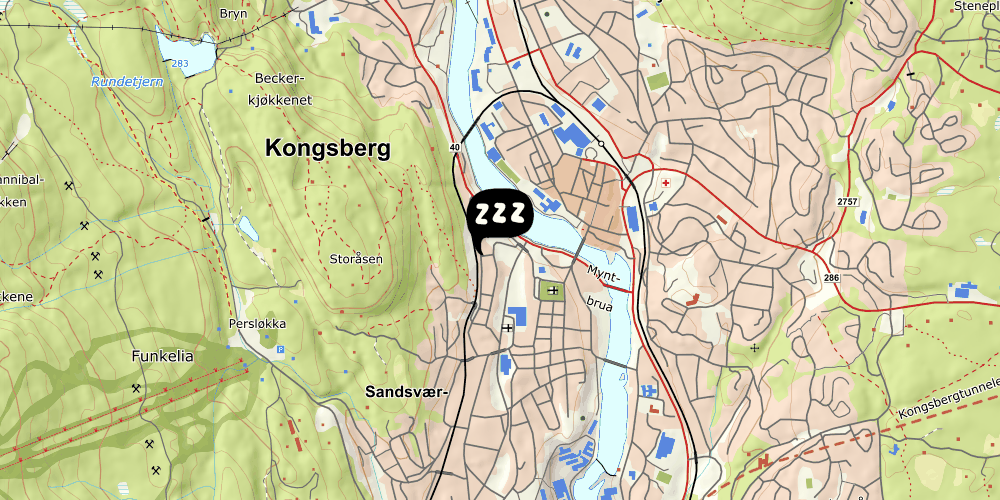 Map showing the location of Kongsberg Vandrerhjem Bergmannen